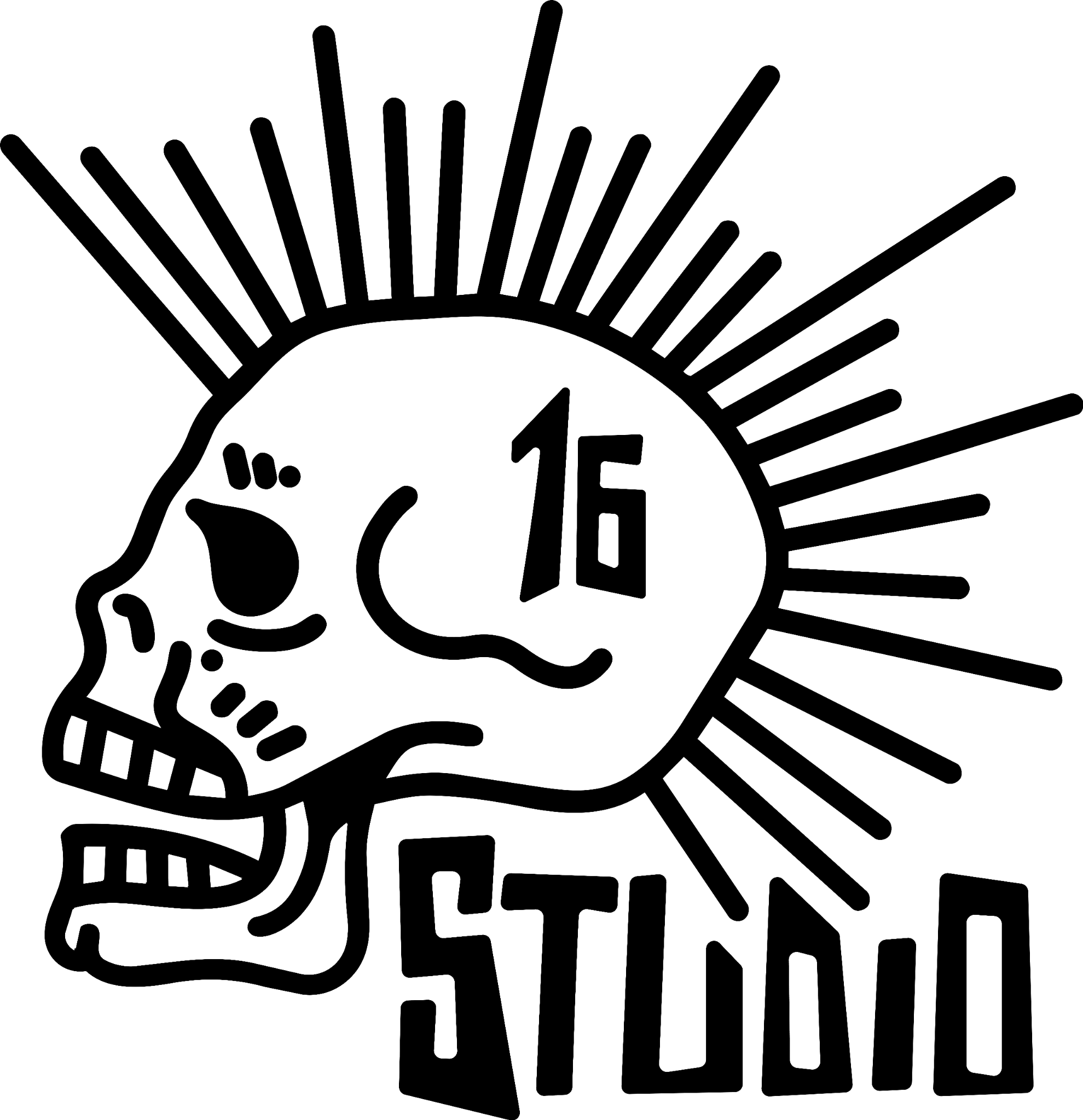 Логото на Sixteen Studio: стилизиран череп с кинолента и числото 16